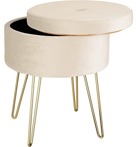 tectake® 3-in-1 Sitzhocker mit Stauraum, Aufbewahrungsbox mit Deckel, Stuhl und Beistelltisch, aus Samt, bis 300 kg belastbar, Pouf Hocker rund, Polsterhocker, für Schminktisch, als Fußablage - Creme