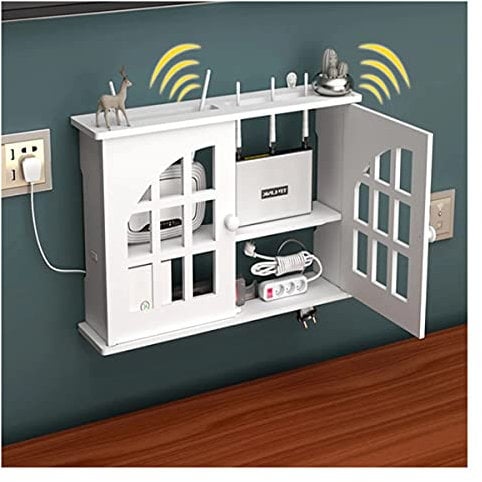 PPGE Home Router Aufbewahrungsbox Weiß, Wand TV Kabel Verstecken Box, Holz und Plastik Wandregal, Cable Management Box, Schwebendes Regal, Kabel Organizer Box, WiFi Router Storage Box B