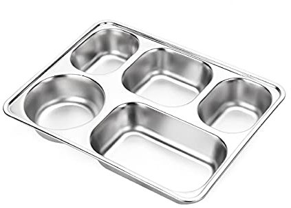 Plateau à assiettes divisées en acier inoxydable, 5 compartiments, plateau à dîner rectangulaire divisé pour adultes, enfants, plateau de service compact en métal, dîner collation vaisselle