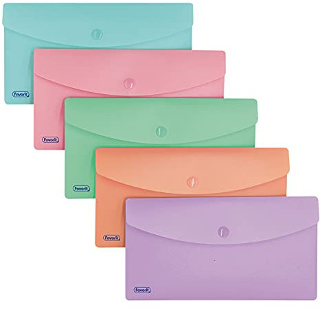 Favorit Lot de 5 enveloppes avec bouton pastel, DL, polypropylène, opaque, couleurs assorties (400151719)