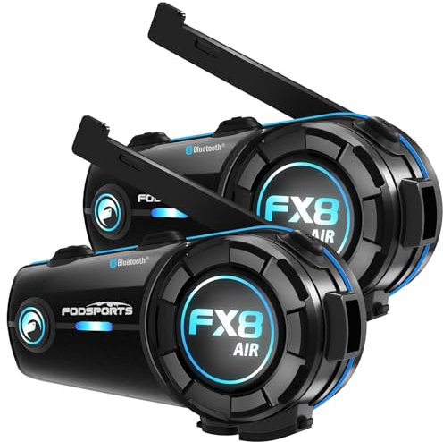 Fodsports FX8 Air Intercom Moto Duo pour 2 Casques, Kit Main Libre Moto, 1000M Systèmes de Communication Bluetooth pour Motocyclette avec 3 Effets Sonores, HiFi, Appairage Universel, 900mAh(2 Unités)