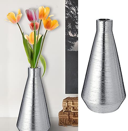 Vase Silber │matt 14 x28x14cm Steinzeug Blumenvase │Blumen Gräser Pflanzen Dekovase (1 x Vase Silber 28cm)