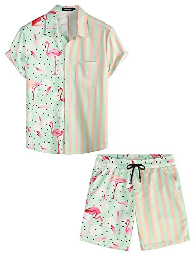 VATPAVE Herren Flamingo Hawaii 2 Teiliges Sets Kurzarm Freizeithemden Strand Outfits Groß Grün Flamingo