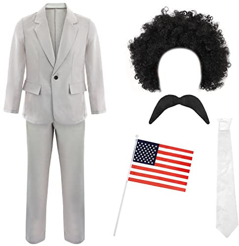 Disfraz de diario divertido para hombre, traje gris + corbata blanca + peluca negra rizada + TASH + bandera americana ondeada a mano, disfraz de película para adultos (mediano)