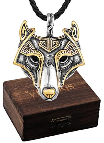 WYPAN Wikinger Fenrir Wolf Halskette Für Männer Und Frauen, Nordische Mythologie, Wolfskopf Anhänger, Nordisches Vintage Wolf Schmuckgeschenk Mit Lederkette,Mens Jewelry,27