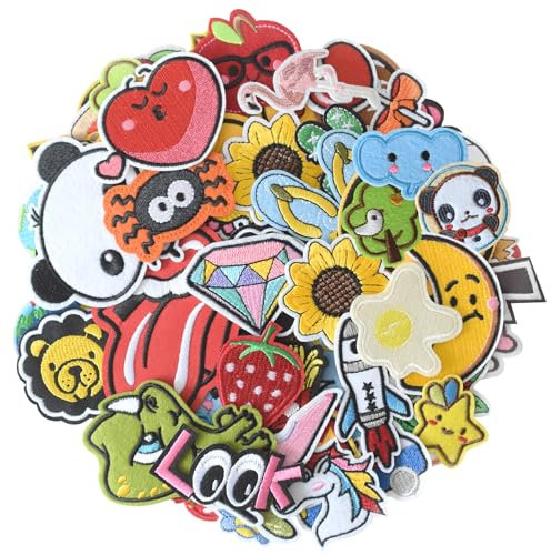 80Pcs Random Assorted Iron on Patches, Cute Sew on/Iron on Embroidered Applique Patches for Jackets, Hats, Backpacks, Jeans, DIY Accessories