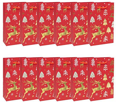 Idena 90823 - Geschenktüten Rentier, 12 Stück, 11 x 18 x 5 cm, Papiertüten, Geschenktaschen Deer Red