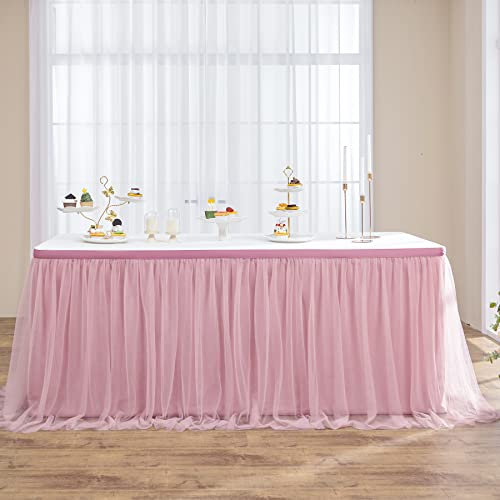 NSSONBEN Dusty Rose Gonna da Tavolo in Tulle Dessert per Torte, 2-Layer Ruffle Tulle Tutu Panno Gonne da Tavolo per Festa di Compleanno Matrimonio Bambino Doccia Decorazione(L183×H76cm, No Tovaglia)