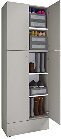 VCM Holz-Schuhschrank | Maße: H. 200 x B. 70 x T. 39 cm| Allzweckschrank | 5 Fächer | 4 Drehtüren | extra Schublade– Lona Grau