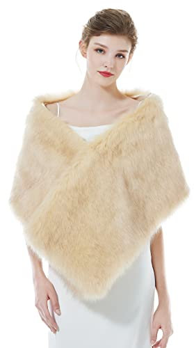 BEAUTELICATE Kunstpelz Schal Stola Damen Bolero Wrap Pelz Brautschal Brautstola Frauen für Hochzeit Braut Festlich (Langes Fell - Champagner)