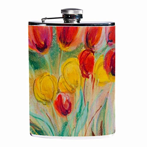 Petacas para licor,tulipanes flor acuarela,Frasco a prueba de fugas de acero inoxidable y frasco de embudo para hombres y mujeres