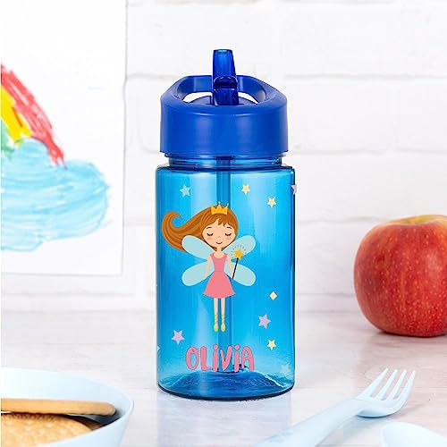 Wanapix | Botella Infantil Personalizada| Botella de Agua para Niños | Con Pajita y Asa Transporte | Colegio/Guardería | Plástico Libre BPA | 440 ml | Azul - Hada