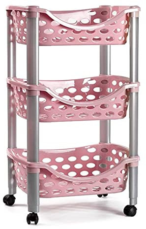 AC - Carrito verdulero de plástico con 3 Niveles y Ruedas - PLFT Aire - Cestas apilables portaobjetos - Cocina, baño - 65 x 39,5 x 29,5 cm - Rosa con Patas Grises