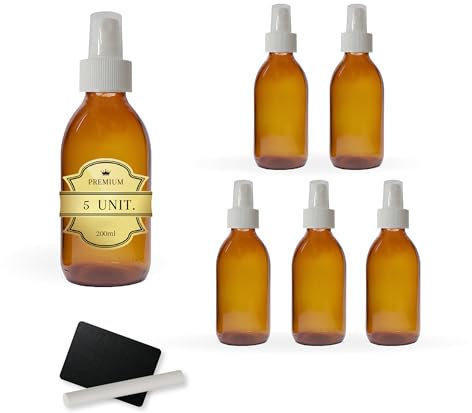 5x Flacon Spray en Verre Ambré 200 ml avec Couvercle du Vaporisateur + 5 Ardoises et Craie - Huiles Essentielles, Cosmétiques, Parfum, Vaporisateur Cheveux - Soins de la Peau et Capillaires