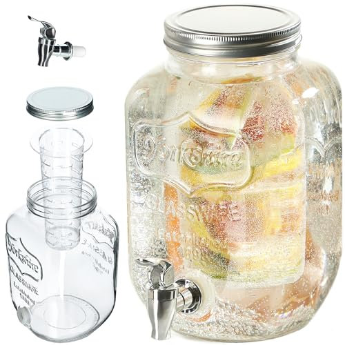 KADAX Distributeur de boisson, en verre, avec insert, robinet et couvercle, distributeur de jus, de soda, pour boissons froides, 4 l