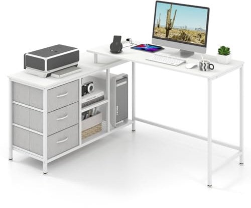CASART L-shaped Computer Desk with Power Outlet, 2 in 1 Convertible Office Desk Corner Desk with Drawers & Shelves, 140cm Home Office PC Table Writing Desk for Bedroom Study (White+Gray)
