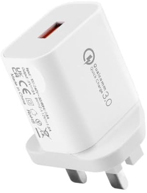 USB Charger QC 3.0 Quick Charge Plug 18W Fast, UK Wall Charger Plug, Compatible with Galaxy S24/S23/S22/S21/S20/S10/Note 20/10, Mi 11, Redmi Note 10 Pro, Pixel 7/6, Wireless Charger