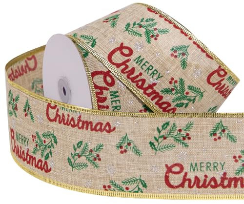 RUSPEPA Weihnachtsband mit Draht – Sackleinenband mit Drahtkante – 6,3 cm x 22,9 m pro Rolle – Frohe Weihnachten