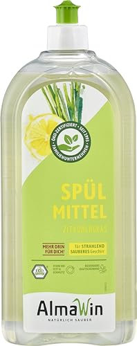 AlmaWin® Spülmittel Bio mit Zitronengras-Duft – 1L Spüli – Kraftvolles Geschirrspülmittel flüssig mit hoher Fettlösekraft – Vegan Dish Soap – Ergiebiges Konzentrat
