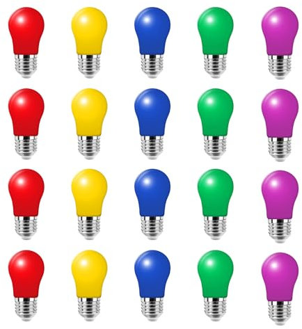 HUAMu 20er Pack Bunte Glühbirnen E27, 3W Farbige LED Birne,Bunte Glühbirnen außen,LED Bunt für Lichterkette,Party,Weihnachten Deko,Rot Grün Blau Gelb Violett