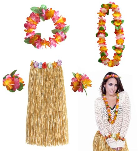 FUIPVGI 5 Pièces Costume de Hula Hawaïen, Jupe Hawaïenne, Hawaiian Herbe Hula Jupe Avec Fleur Leis Collier, Hawaiian Hula Grass Skirt Deguisement Hawaienne Femme, Pour Les Carnavals
