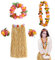 FUIPVGI 5 Pièces Costume de Hula Hawaïen, Jupe Hawaïenne, Hawaiian Herbe Hula Jupe Avec Fleur Leis Collier, Hawaiian Hula Grass Skirt Deguisement Hawaienne Femme, Pour Les Carnavals