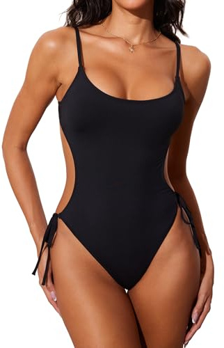 DOBREVA Women's One Piece Swimsuit Strappy Backless Bathing Suit Cut Out Lined Scoop Neck Adjustable Straps Swimwear Black Medium