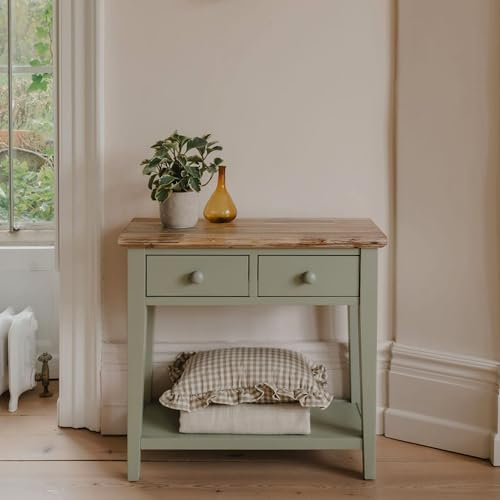 Statement Furniture Florence Small Console Table, 2 Drawers, Bottom Shelf | W82.5cm x H76cm x D32.5cm, Compact Slim Hallway Table with Drawers for Entryway Living Room (sage green)