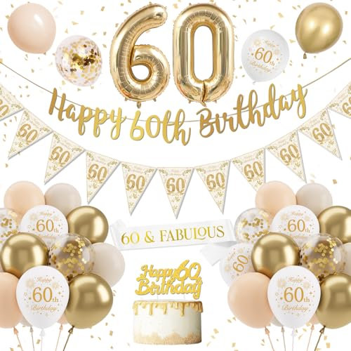 60. Geburtstag Frauen Deko - Luftballons Weiß Gold, Konfetti, Nummer 60 Folienballons für Frau