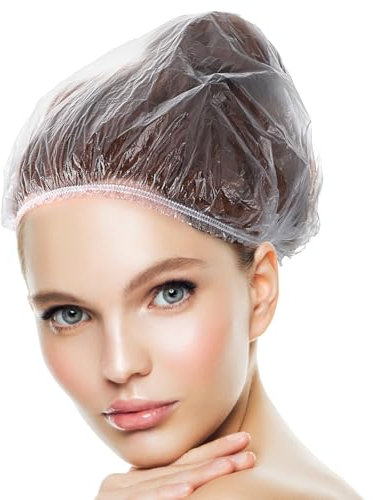Oruola 100pcs Plastic Shower Caps,Disposable Shower Caps,Waterproof Hair Cap,42 CM Plastic Elastic Disposable Hair Cap Home Use Hotel Travel,Each Individual Package