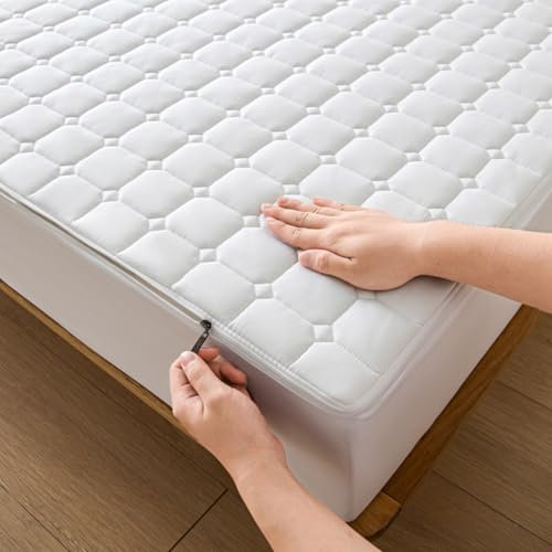Coprimaterasso Trapuntata con Cerniera 160x190 Personalizzabile Fodera Sacco Materasso Matrimoniale/Singolo Lenzuolo Imbottito Tutto Incluso Copri Proteggi Materasso Topper Lavabile(180x190+20cm,Whit