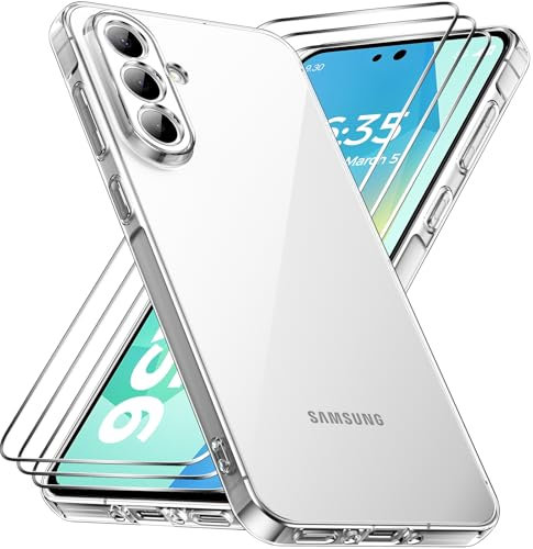 caslord Coque pour Samsung Galaxy A56 5G avec 3 Verre Trempé, Anti-Jaune Étui de Protection Antichoc Anti-Rayures, Transparente TPU Silicone Bumper Case pour Galaxy A56, Transparent