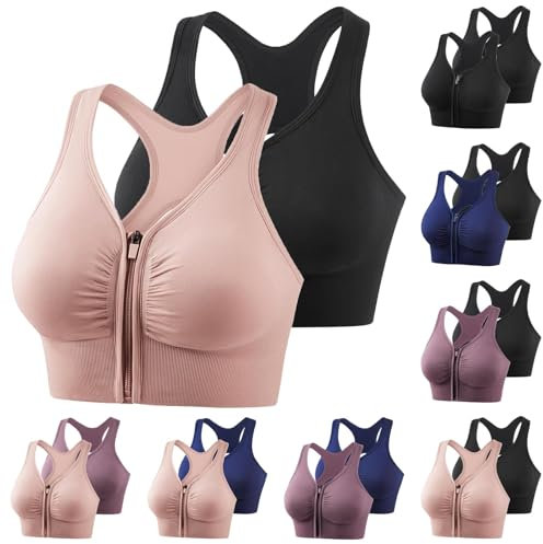 UPOI 2er Pack Sport BH Damen ohne Bügel Frauen Yoga BH Vorne zum Schließen Damen Sport-BH mit Reißverschluss und Kreuzrücken-Design für Yoga Outdoor Laufen und Fitness