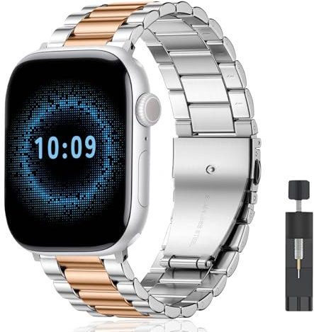 AiiBowy Armband Kompatibel mit Apple Watch 42mm (Series 11) 41mm 40mm 38mm, Metall Edelstahl Ersatzarmband für Apple Watch SE 3/SE 2/SE/Series 11/10/9/8/7/6/5/4/3/2/1 Silber RoséGold