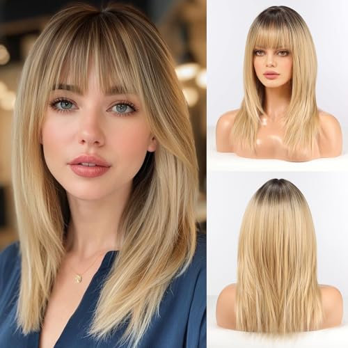 HAIRCUBE Damen Perücke Gerade Perücken für Dame Schulterlang Ombre Blond Perücke Synthetische Perücken mit Bangs Täglich Cosplay