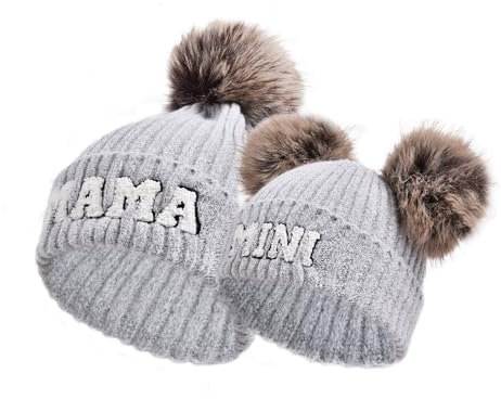 Yanmucy Mommy and Me Beanies Strickmütze mit niedlicher Mama und Mini-Stickerei, warme Wintermütze, passende Skimütze mit abnehmbarem Bommel, 2 Stück, hellgrau, One Size-8 Years