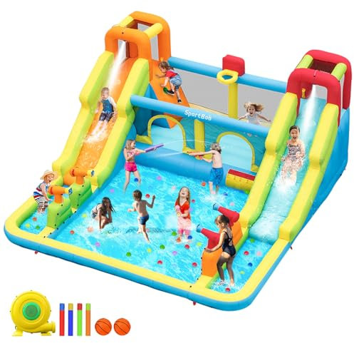 Castillo Hinchable Grande con Doble Tobogán de Agua y Soplador, Castillos Hinchables grandes para Niños con 4 cañones de pulverización de Agua, Trampolín, Rocódromos, Baloncesto, Piscina,452x416x210cm