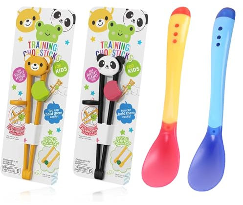 2 Pairs Kids Chopsticks and 2 Pcs Kids Spoon, Chopsticks for Beginners Reusable Chopstick Helper, for Children Toddler Beginners Right Or Left Handed, Snack Chopsticks, Tweezer Tongs Food Clips