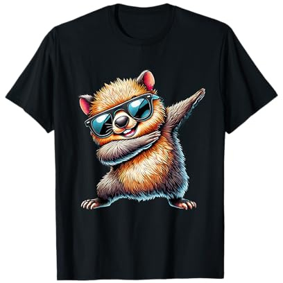 Wombat Designer Designs | Lustiges Wombat am Tanzen Motiv T-Shirt | Unisex, Schwarz, S, Cartoon, Rundhals-Ausschnitt, Short Sleeves, Pull-On, 100% Baumwolle