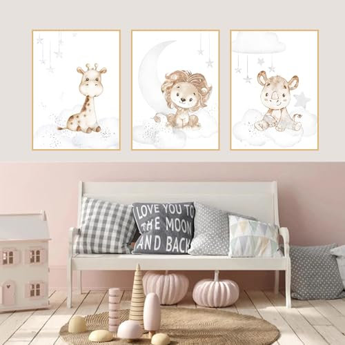 champracer 3er Kinderposter Set Babyzimmer Deko Kinderzimmer Poster Tiere Beige Löwe Giraffe Elefant Wanddeko Leinwand ohne Rahmen (50 * 70cm)