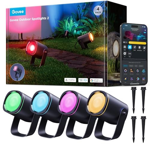 Govee Outdoor LED Strahler, IP67 Wasserdichte Gartenbeleuchtung, RGBWIC Led Strahler Außen, Dimmbar 700lm von 69 Szenenmodi und 16Mio. Farben, Funktioniert mit Alexa, Google Assistant, Matter. 4 Pack