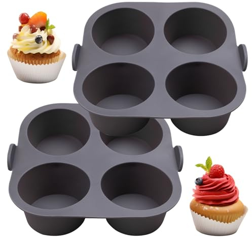 Butabeishy Silikon Muffinform 4 Mulden 2er Set Grau Antihaft | Für Heißluftfritteuse, Mit Griffen, 6,89 x 6,50 cm, Für Cupcakes & Desserts, Flexibles Silikon