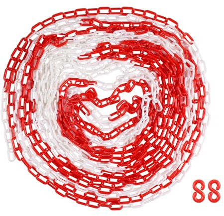 SWAWIS 15m Absperrkette Kunststoff, 6mm Dicke Rot-Weiße Kunststoffkette, Warnkette mit S Haken, Gliederkette SicherheitsKette für Baustellen Straßen Garagen, Leicht und Flexibel zu Bedienen