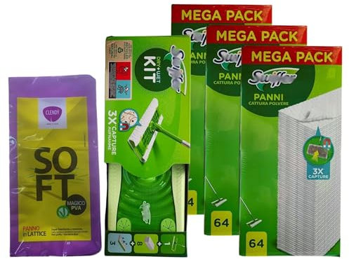 SET PER PAVIMENTI: Lavapavimenti, 1 Scopa E 8 Panni Microfibra Catturapolvere Dry E 3 Panni Wet + Mega Pack Panni Cattura Polvere, 64 panni + Panno In Lattice SOFT (1 Kit+3xConf.Da 64 Panni+PannoL)