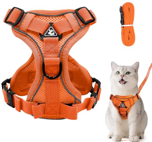 Justerbar kattsele som är rymningssäker, set med koppel, mjuk bröstsele för katter, kattungar, hundar, valpar, orange, L