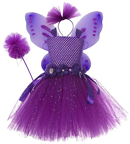 Halloween Kostüm Kinder Mädchen Kleinkind Halloween Custome Mädchen Prinzessin Kleid Tutu Mesh Kleid Mit Flügel Fee Zauberstab Kopfbedeckung 4 stücke Sets Leistung Mädchen 152 (Purple, 2-3 Years)