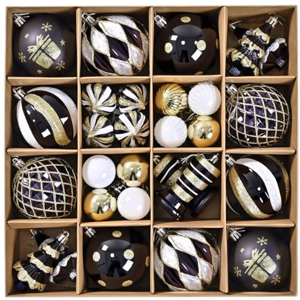 SVNVIOZ Black Gold White Christmas Baubles Decorations, 40pc 8cm Christmas Ball Ornaments Set, Shatterproof Xmas Tree Balls