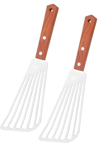 2-Piece Stainless Steel Kitchen Spatula Set with Wooden Handle for Flipping Fish, Pancakes, and More