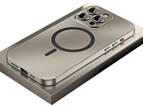 Magnetic Charging Aluminum Metal Bumper Case for iPhone - Fully Wrapped Anti, Slim Alloy Cover with Camera Lens Protect 17/16/15/14/13/12 Pro Max/Air (for iPhone 15 Plus,Titanium gold)