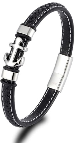 ATEIELLI Infini Bracelet Cuir Noir Acier Inoxydable Fermoir 21.5cm B310